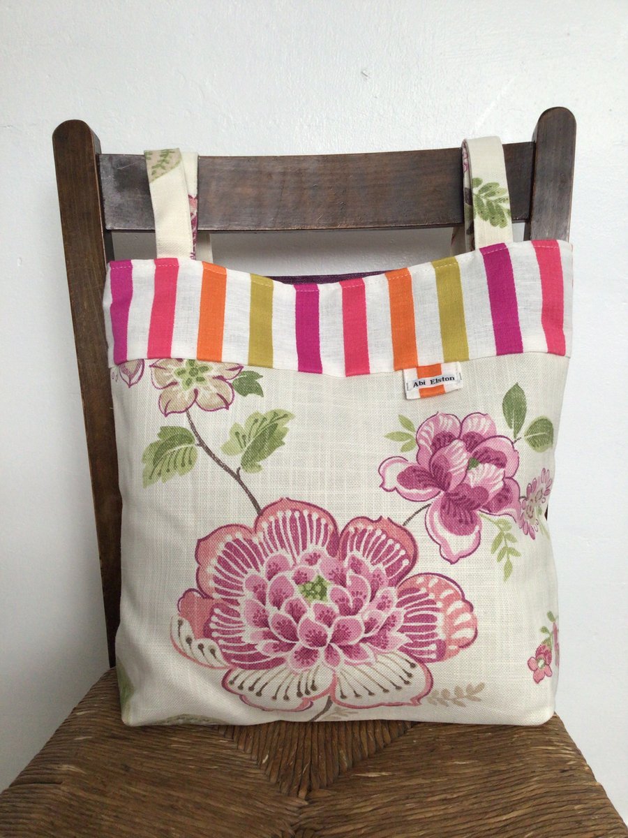 Handmade Floral and Striped Pink Cloth Tote Bag