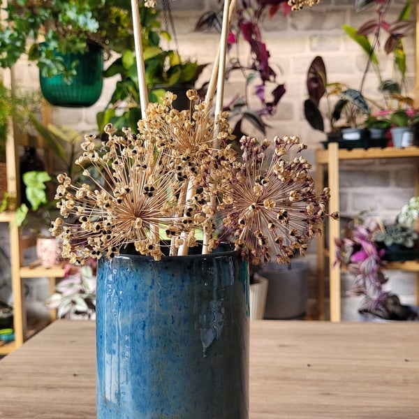 Blue cylinder vase handmade pottery