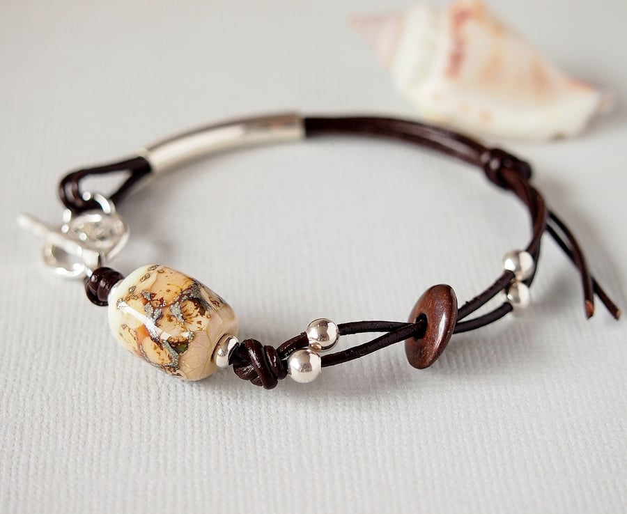 Brown Leather Bracelet - Lampwork Glass Bead -  Sterling Silver 