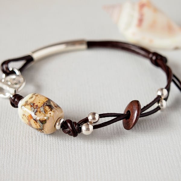 Brown Leather Bracelet - Lampwork Glass Bead -  Sterling Silver 