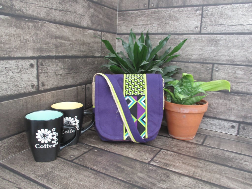 Upcycled Coffee Sack -  Mini Shoulder Bag - Purple and lime green pattern