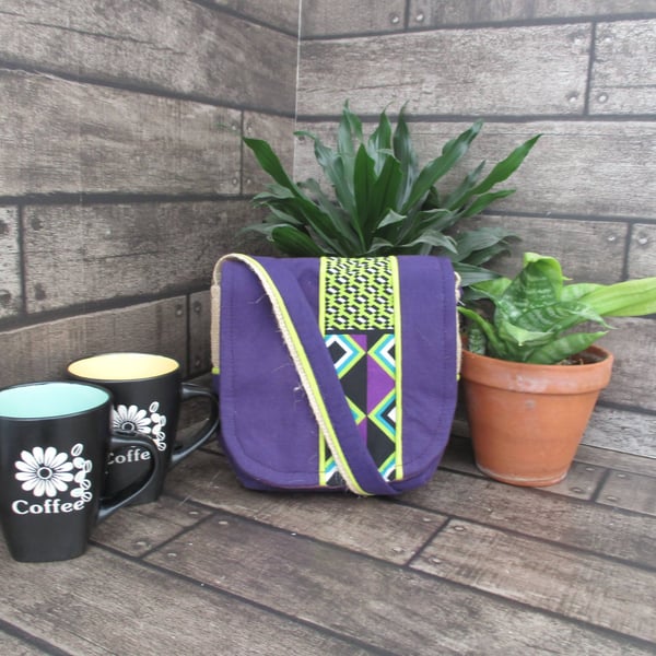 Upcycled Coffee Sack -  Mini Shoulder Bag - Purple and lime green pattern