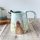 Handmade porcelain chicken bed and toadstool . Cup. Hand painted