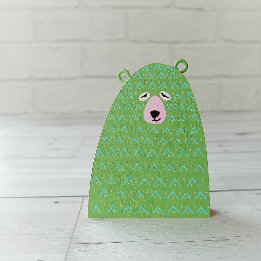 Friendly Green Bear, Handmade Wooden Bear
