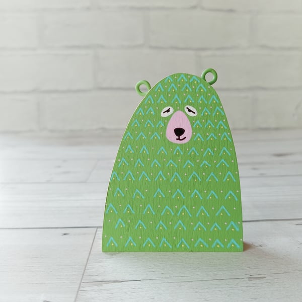 Friendly Green Bear, Handmade Wooden Bear