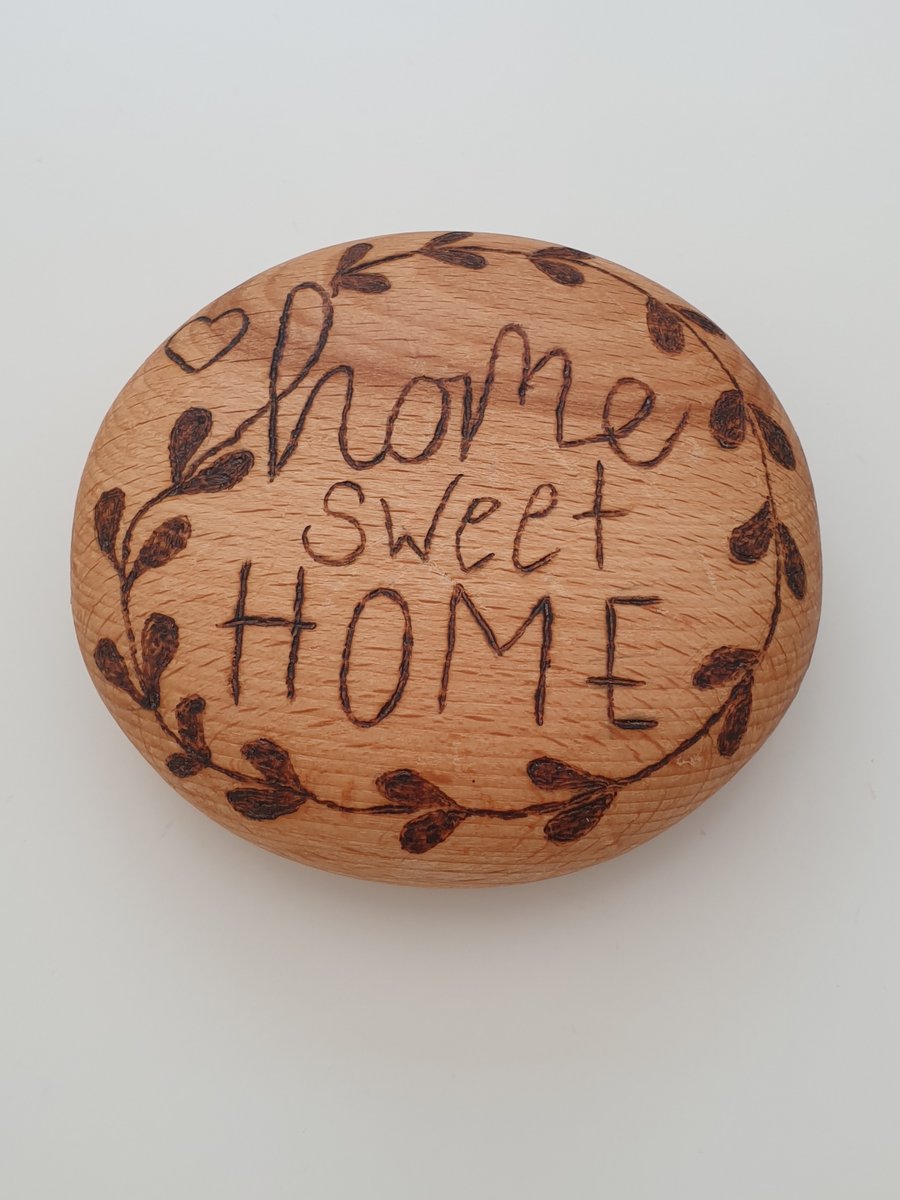 Home Sweet Home pyrography rustic round wooden pebble 