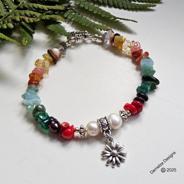 Artisan Stone Chakra Nugget & Baroque Freshwater Culture Pearl Bracelet 