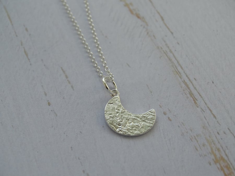 Crescent moon pendant - winter moon - textured recycled sterling silver