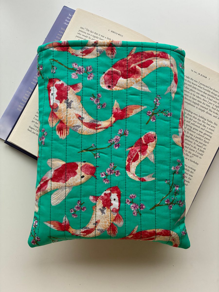 Koi Fish Print Quilted Fabric Book Sleeve - Hardback Size
