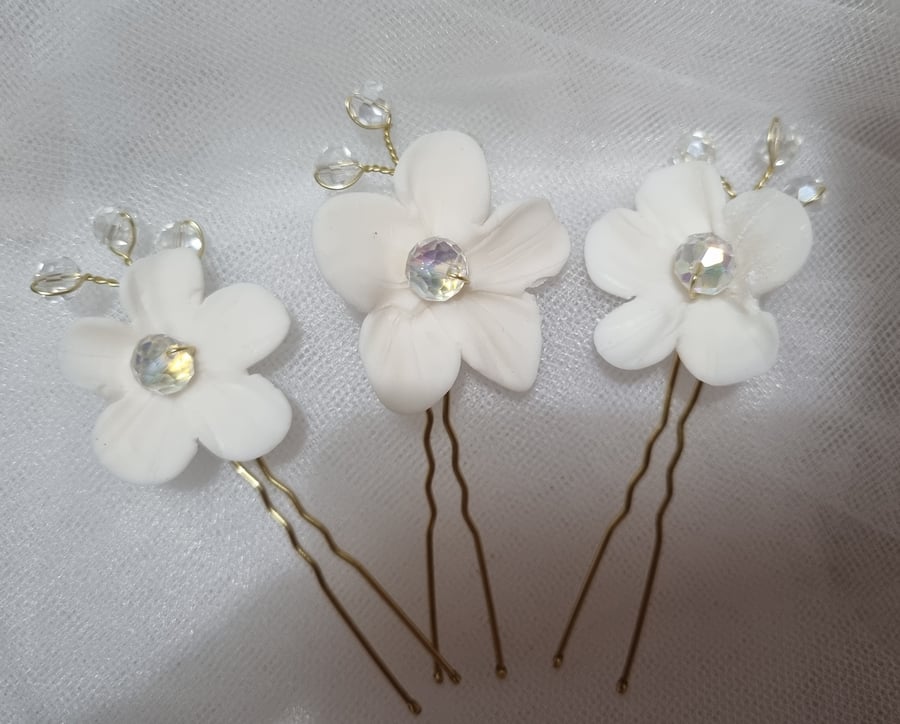 Hand carved flower bridal hair pins x3