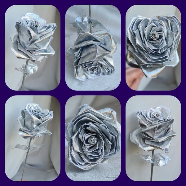 Gorgeous Handmade Silver Lame Ribbon Rose - Long Stem Artificial Flower Gift