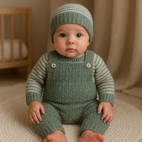 Hand knitted baby jumper dungarees and hat set grey and white  