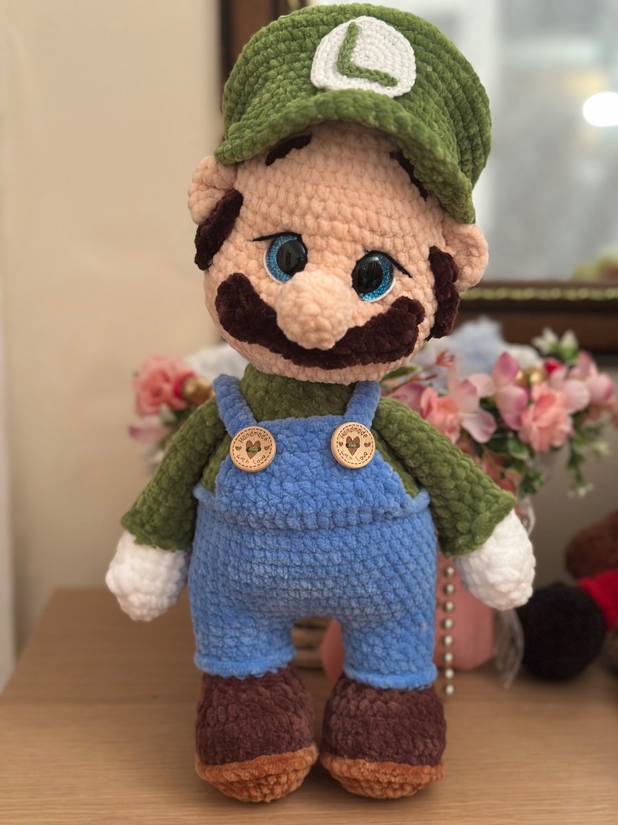 Handmade Crochet Luigi-Inspired Plush Doll Soft Toy, Green Hat, Blue ...