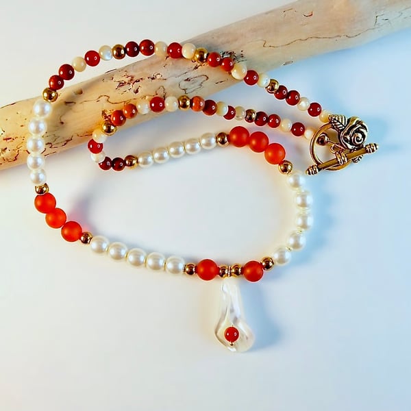 Mother Of Pearl Lily Pendant, Carnelian, Red Jasper & Czech Glass Pearl Necklace