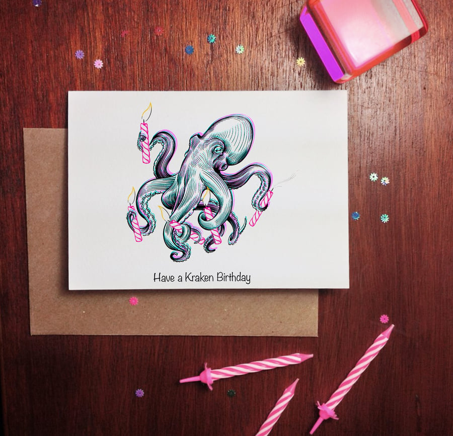Kraken Birthday Greetings Card, Fun Animal, Sea Creature Octopus, UK Handmade