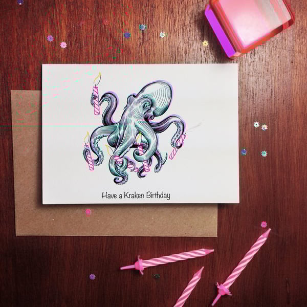 Kraken Birthday Greetings Card, Fun Animal, Sea Creature Octopus, UK Handmade