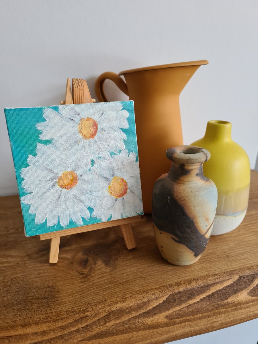 Mini art daisies on canvas with easel original art acrylic painting home decor