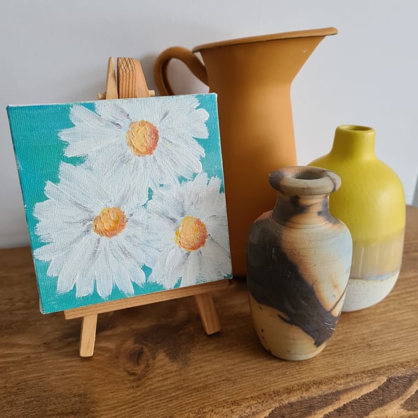 Mini art daisies on canvas with easel original art acrylic painting home decor