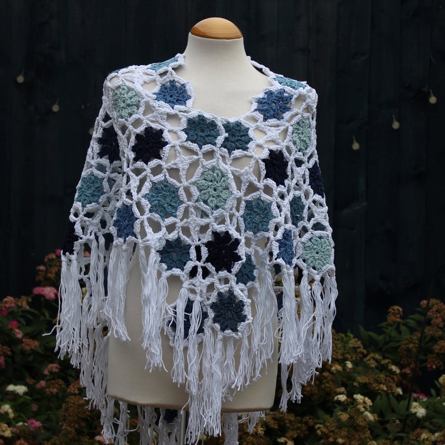 White and blue colours aran weight cotton crochet shawl - design A447
