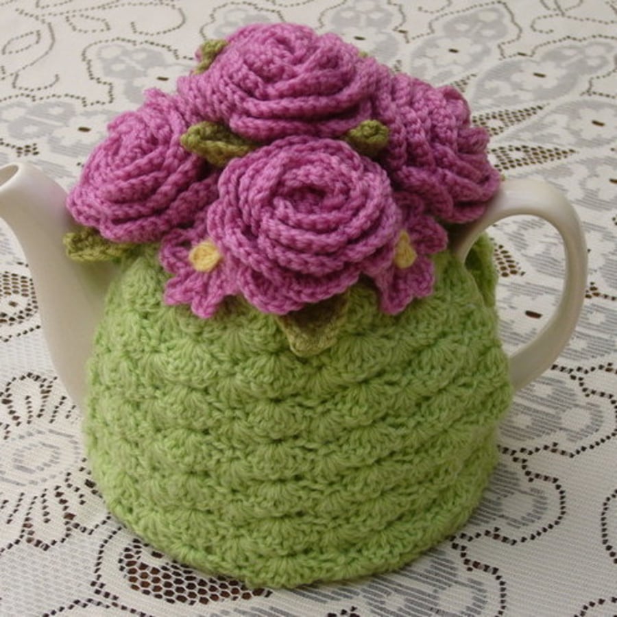 Crochet Tea Cosy/Light Green with Roses (Made to order)