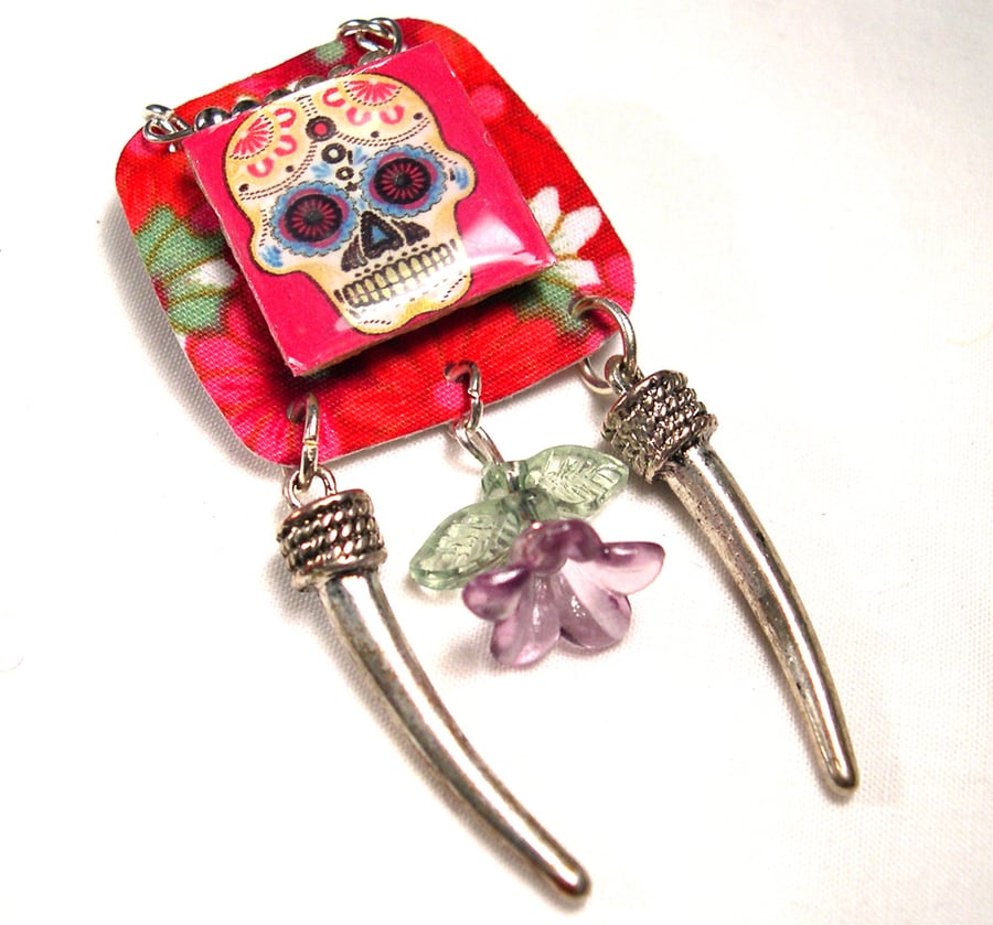 Pattern Day of the Dead Gift Silver Plated Ceramic Tile Skull Resin brooch