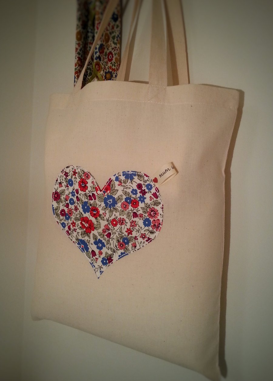 Gift for mum-Liberty Print Heart Applique Cotton Bag.