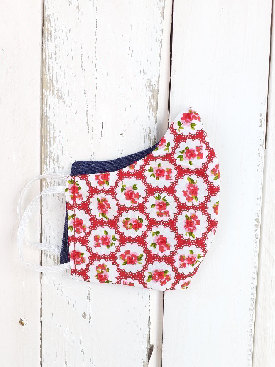 Handmade Reversible Face Mask  Adult size Bright Red Shabby Chic Flowers