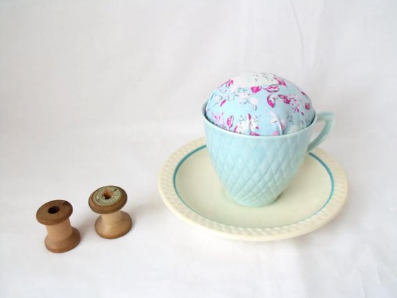 novelty vintage tea cup and saucer pin cushion, pink floral fabric
