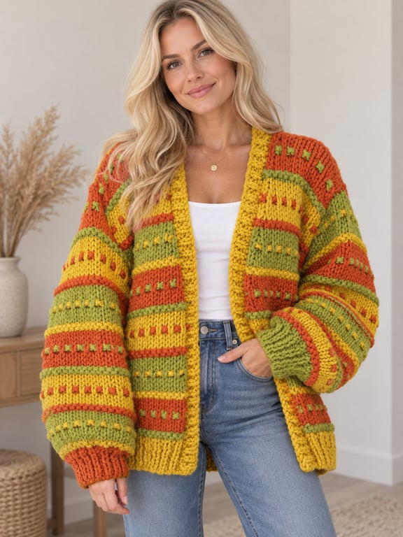 Ladies Super-chunky Hand-knitted Cardigan in Green, Burnt Orange and Mustard
