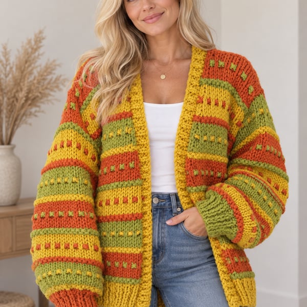 Ladies Super-chunky Hand-knitted Cardigan in Green, Burnt Orange and Mustard