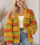 Ladies Super-chunky Hand-knitted Cardigan in Green, Burnt Orange and Mustard