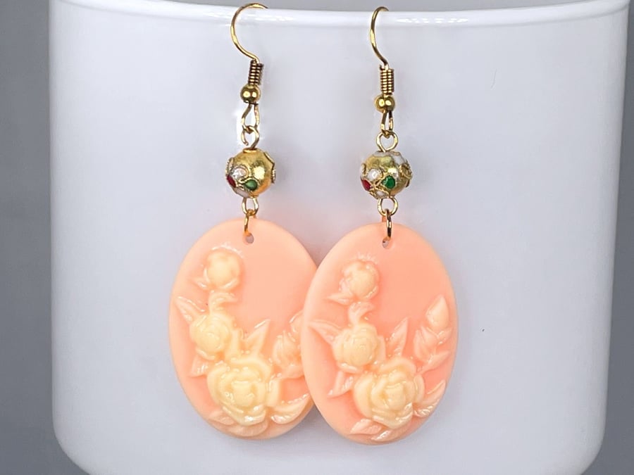 PINK CAMEO EARRINGS blush resin flowers antique gold plated cloisonne