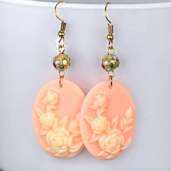 PINK CAMEO EARRINGS blush resin flowers antique gold plated cloisonne