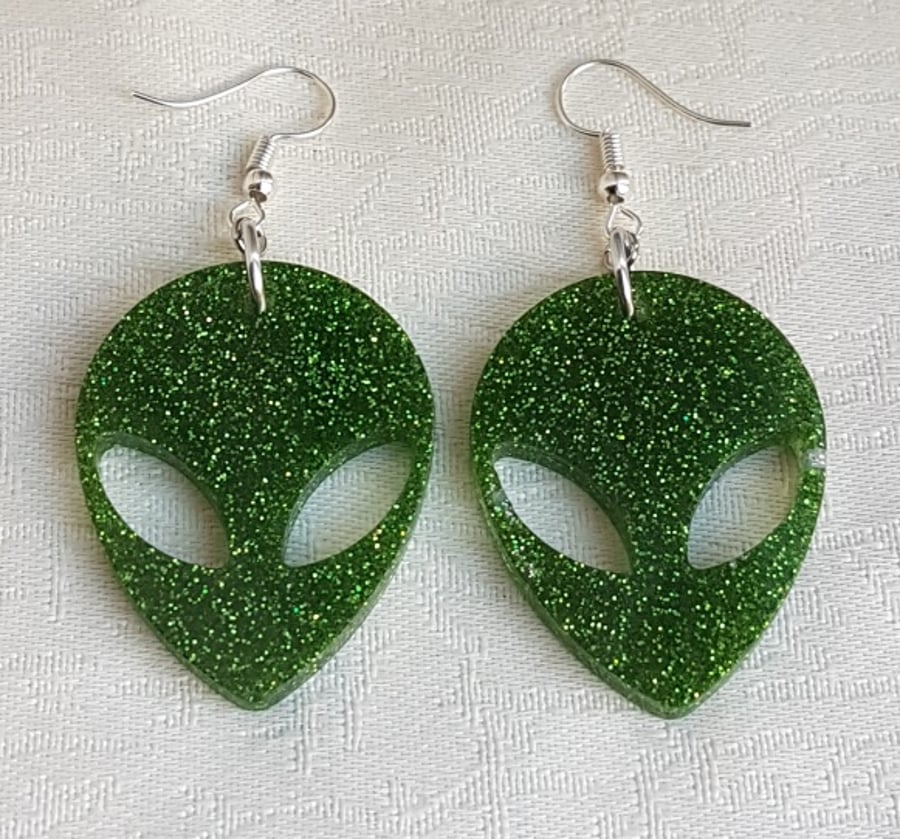 Glittery Green Alien Head Earrings