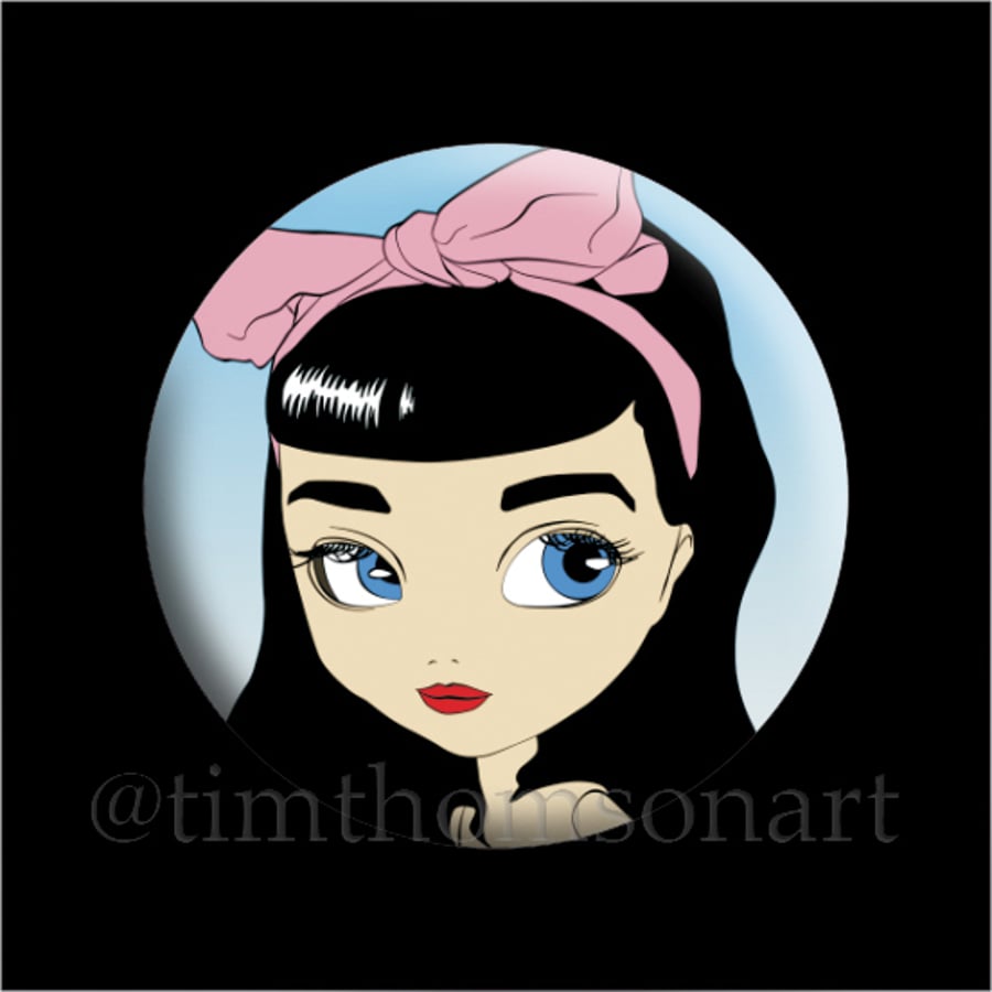 Bettie Page Pullip Doll Digital Painting as a 25mm Button Pin Badge
