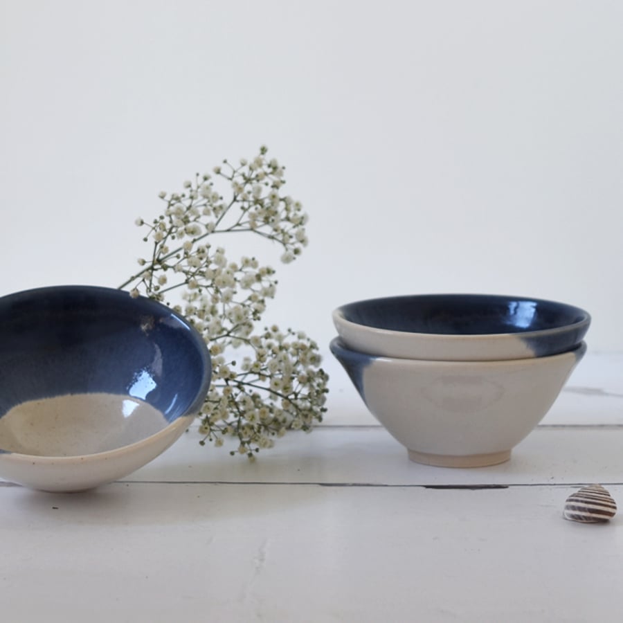 blue and white stoneware bowl - handmade pottery