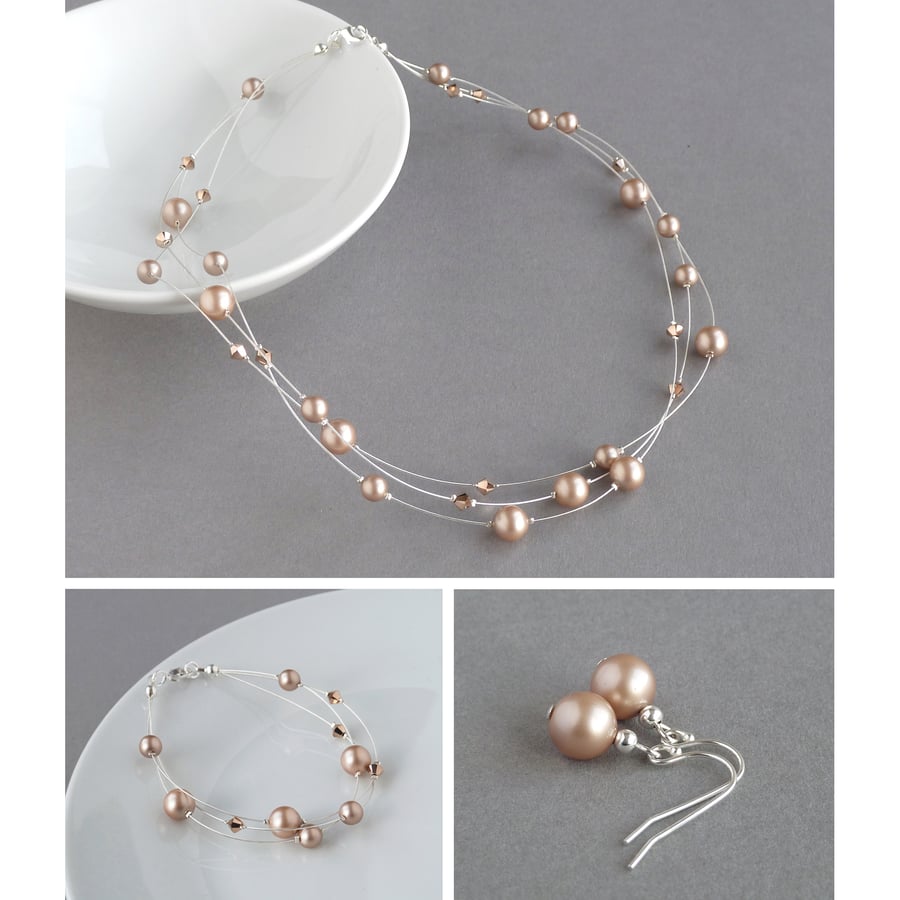 Rose Gold Jewellery Set - Copper Floating Pearl Necklace, Bracelet and Earrings