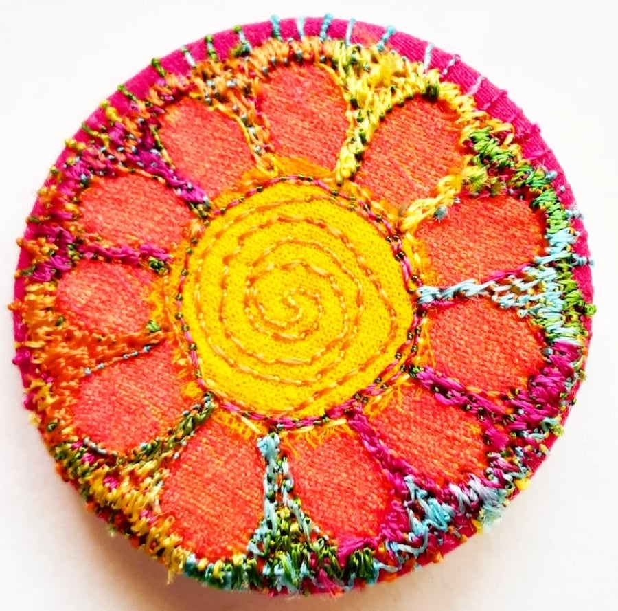 38mm Badge Hand Dyed Fabric Floral badge with Free Machine Embroidery 
