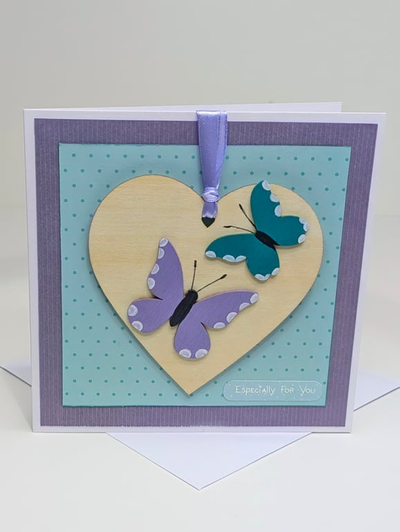 Handmade card with detachable butterflies wooden heart decoration keepsake 