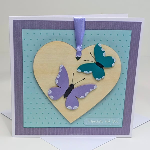 Handmade card with detachable butterflies wooden heart decoration keepsake 