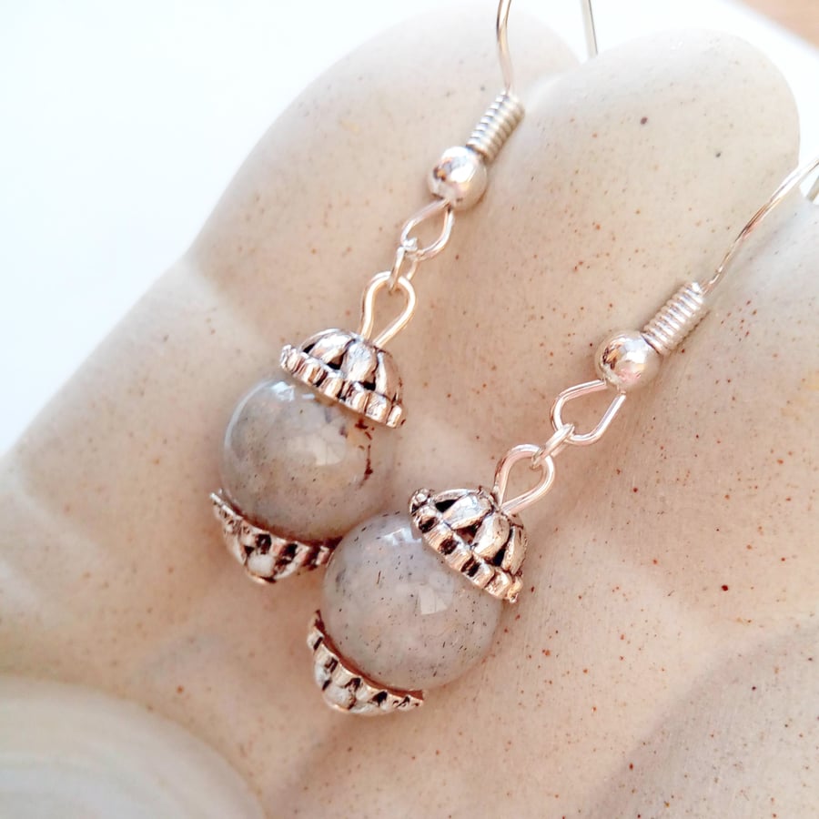 Earrings Made Using Round Charcoal Grey Agate Bead with Silver Plated Bead Caps