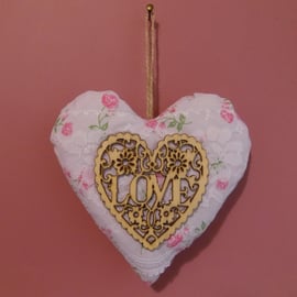 'Love' Hanging Heart Wooden Plaque Padded Floral Cotton Fabric & Lace Twine