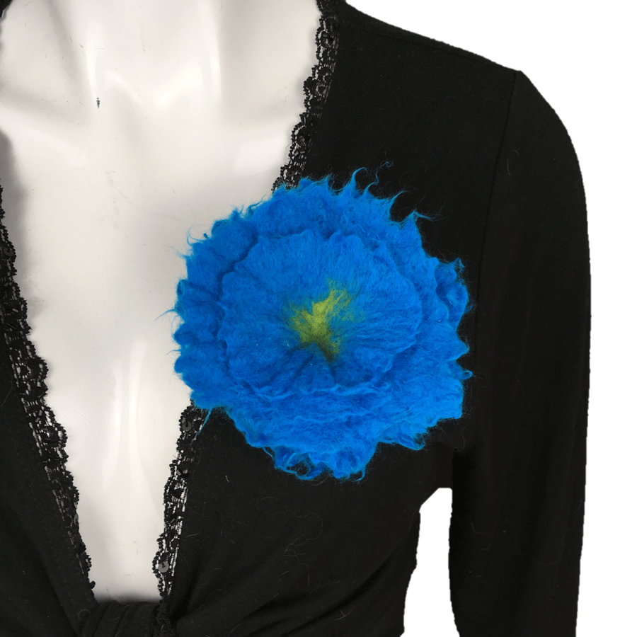 Hand felted blue merino wool flower corsage, brooch, lapel pin