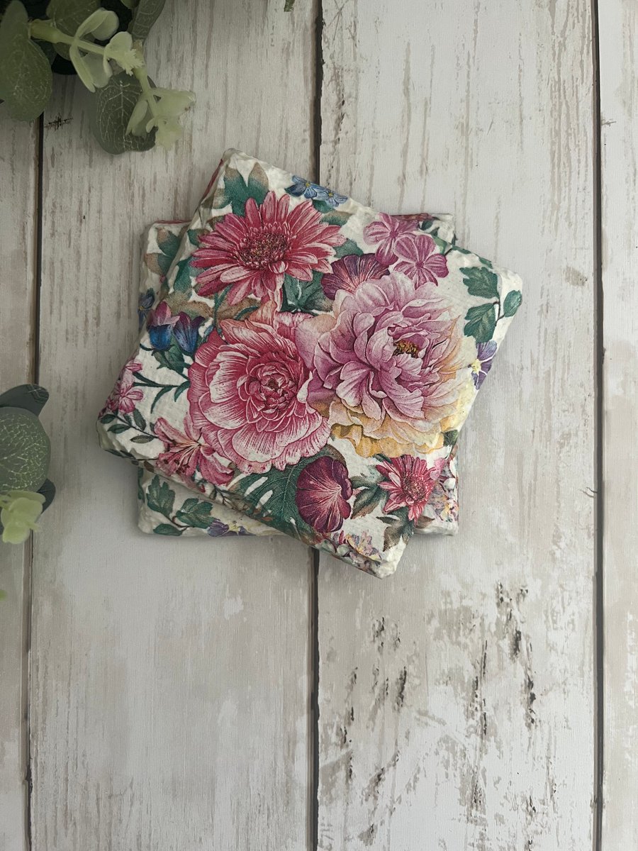 Slate Coasters Set of 2: Decoupage Pretty Pink Florals, Home Decor, Dining