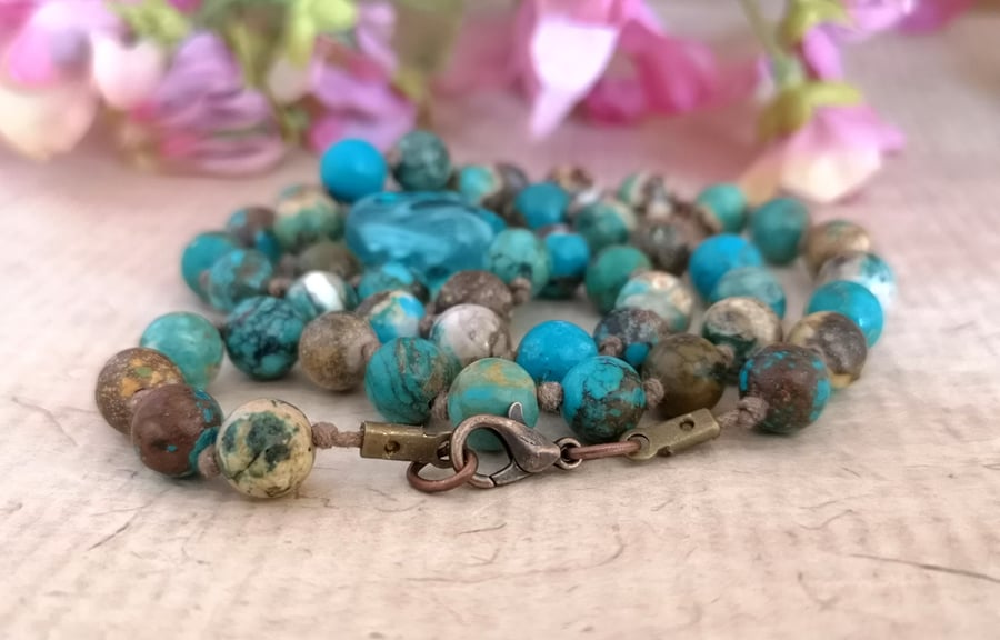 Blue-green ocean jasper necklace with lampwork glass bead