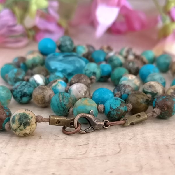Blue-green ocean jasper necklace with lampwork glass bead
