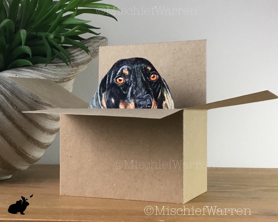 Dachshund Box Card. 3D card, blank or personalised for any occasion.