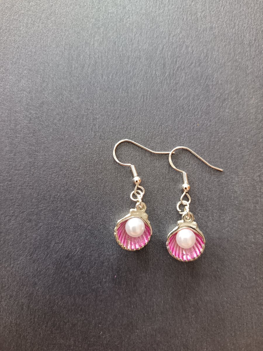 Pink and silver shell and pearl dangle earrings