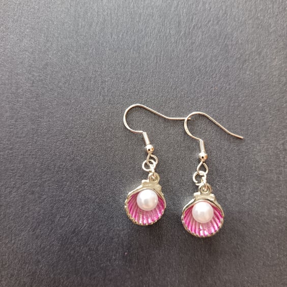 Pink and silver shell and pearl dangle earrings