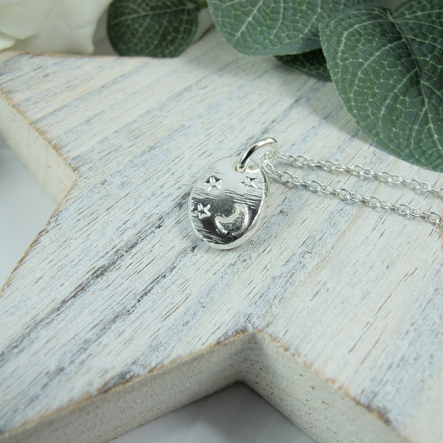 Silver Pebble Pendant with Moon & Stars, Recycled Silver Necklace